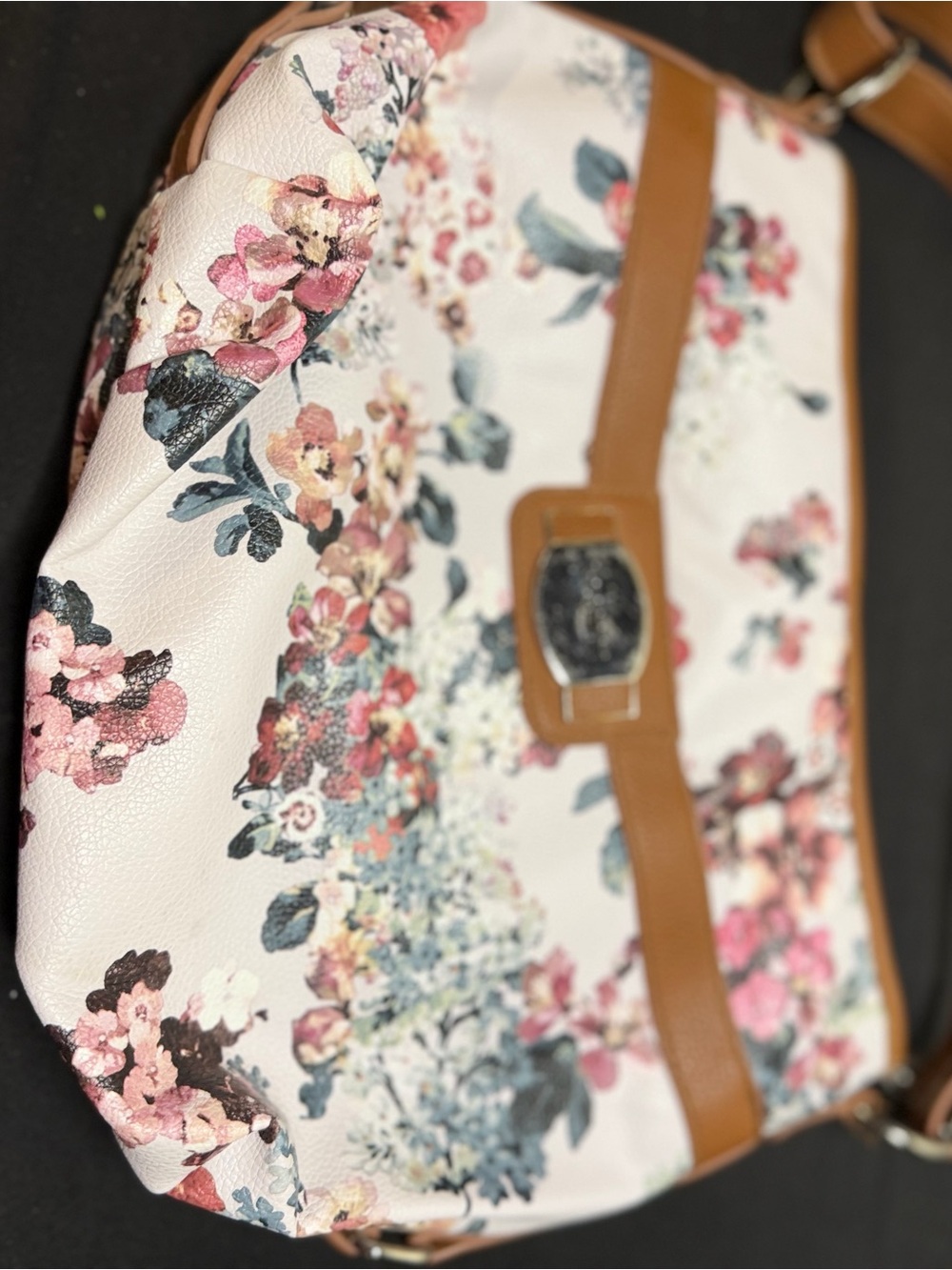 Floral Print Shoulder Bag with Tan Trim